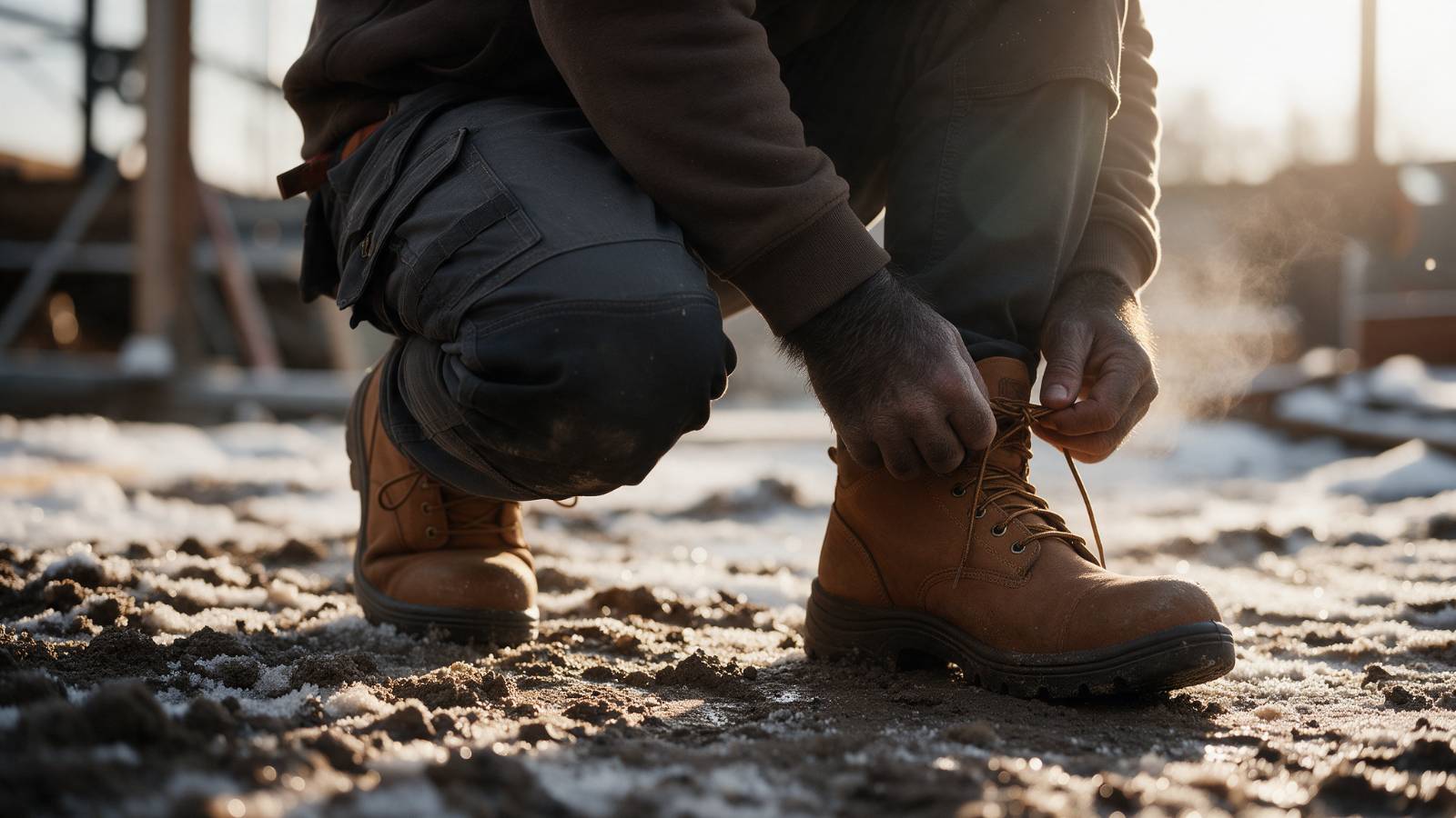The Toolmonkey monkey lacing tan safety boots in the snow
