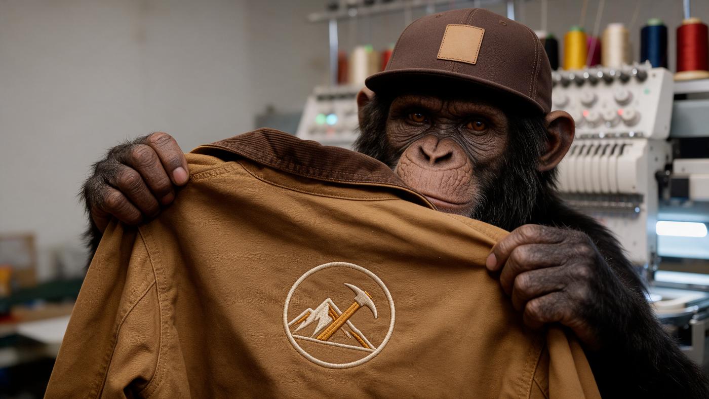 The Toolmonkey monkey holding up a tan canvas work jacket with a freshly embroidered round company emblem