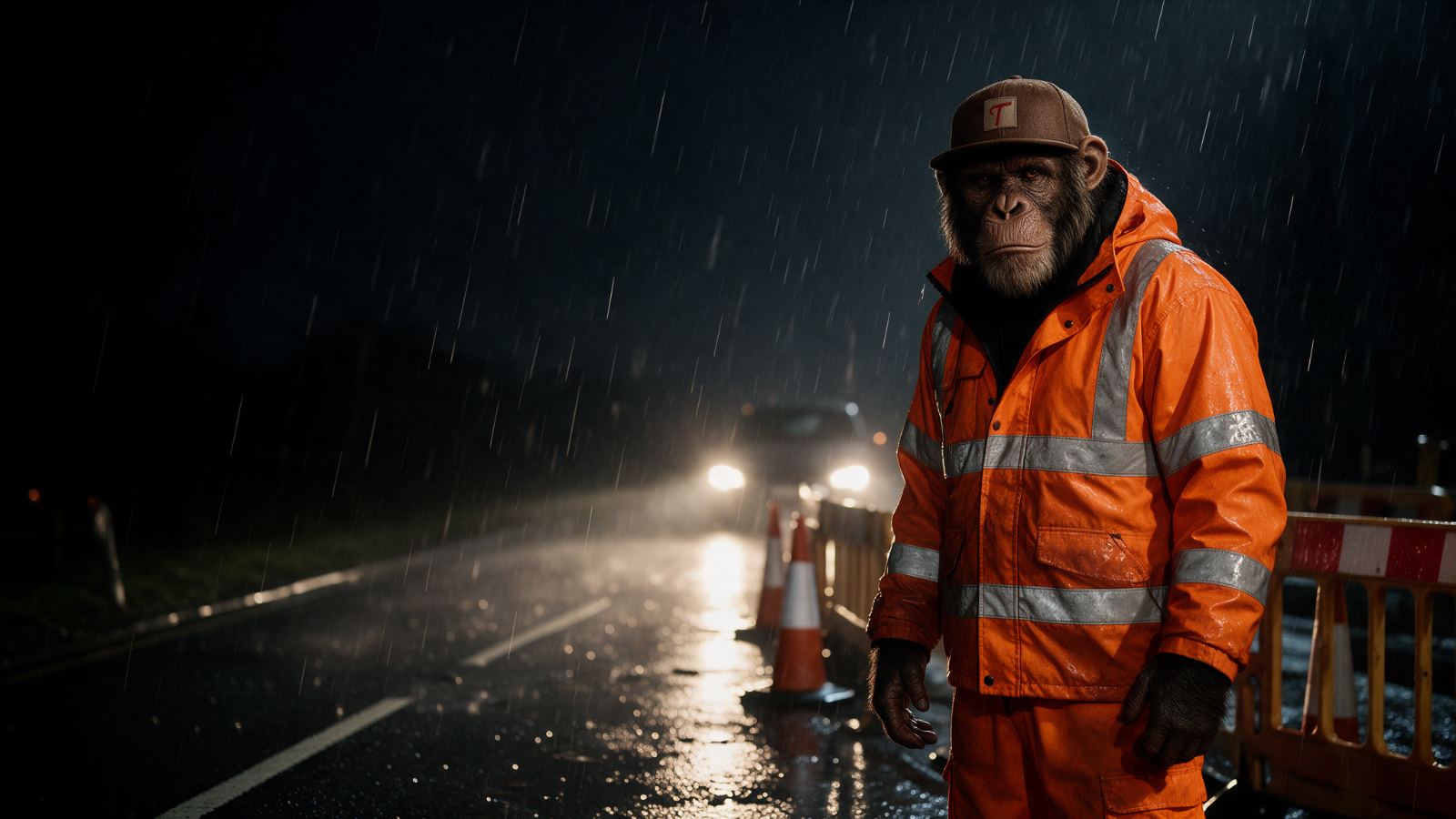 The Toolmonkey monkey in an orange hi-vis jacket at roadworks on a rainy night