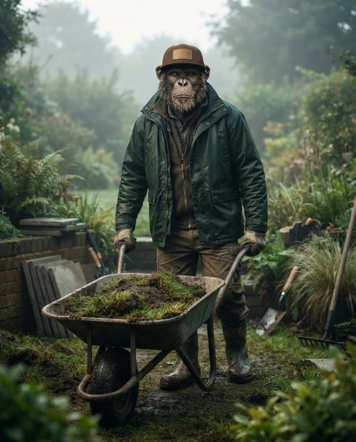 The Toolmonkey monkey working as a landscaper