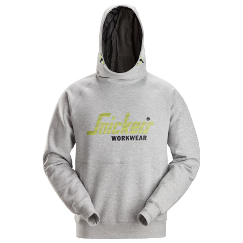 Snickers 2845 Heavyweight Premium Hoodie in Grey with neon yellow high-build foam print logo and mesh-lined hood main
