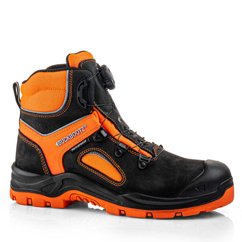 Buckler Buckbootz Buckzviz BVIZ7 Safety Boots in Black / Hi-Vis Orange. Waterproof, high-visibility boots with Fitgo® Speed Lacing, composite toe cap, and slip resistance. main image