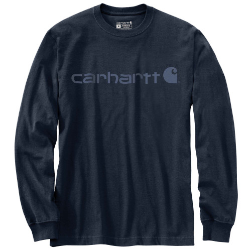 carhartt 104107 long sleeve t-shirt in navy and dark blue logo front