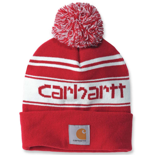Carhartt 105168 Pom Pom Beanie hat in red and white main image