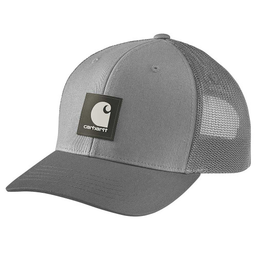 Carhartt 105216 mesh back truckers cap with patch logo in Asphlat grey front