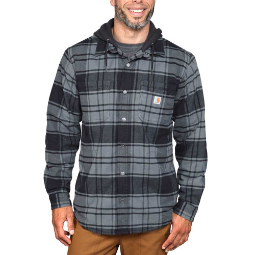 Carhartt 105621 Hooded Shirt Jacket in Elm â Fleece-lined flannel with Rugged Flexâ¢, snap front closure, adjustable hood, and chest pockets for work or casual wear. main image