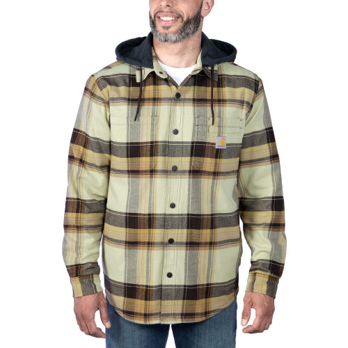 Carhartt 105938 Flannel Sherpa-Lined Hooded Shirt Jacket Dark Brown model front