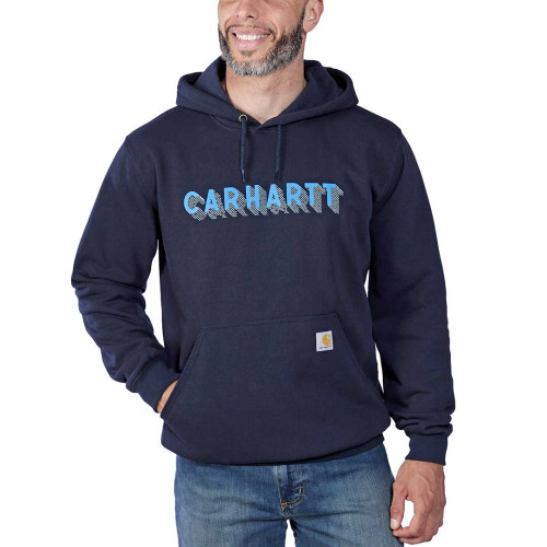 Carhartt Chest Logo Graphic Hoodie in New Navy â Rain Defender⢠midweight fleece hoodie with loose fit, hand warmer pocket, adjustable hood & Carhartt logo print. main image