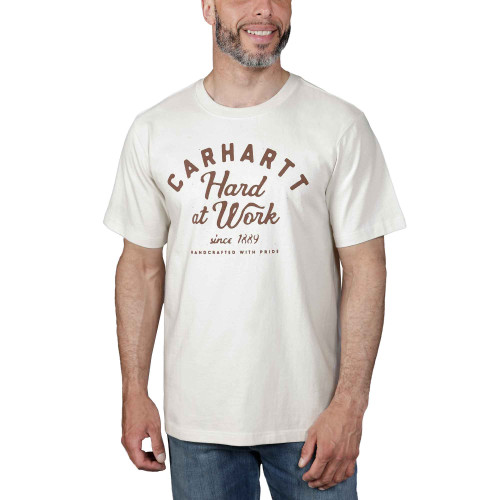 Carhartt Short Sleeve T-shirt in Malt White with Hard at Work Graphic Print and Carhartt Label