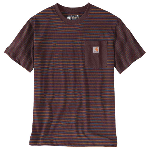 Carhartt Short Sleeve T-shirt in Port Colour with Front Pocket, Stripe Pattern, and Carhartt Label