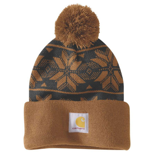 Carhartt 106647 Knit Pom Pom Cuffed Jacquard Beanie Hat Brown Main Image