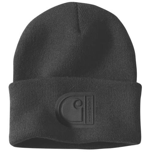 Carhartt 107190 bottom cuff knit beanie hat with Carhartt patch logo in Black