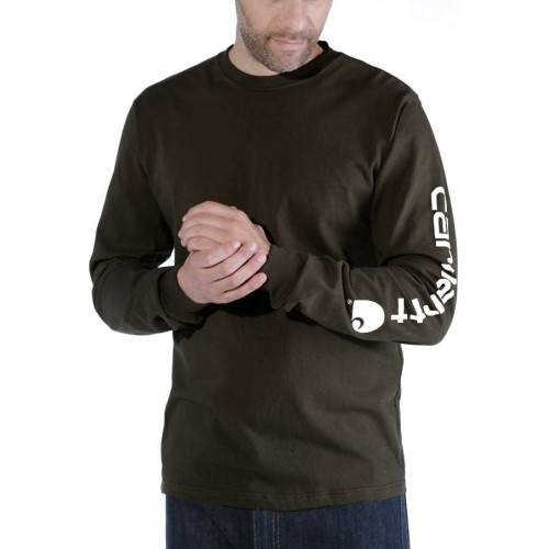Carhartt long sleeve t-shirt with logo print on the sleeve in peat colour