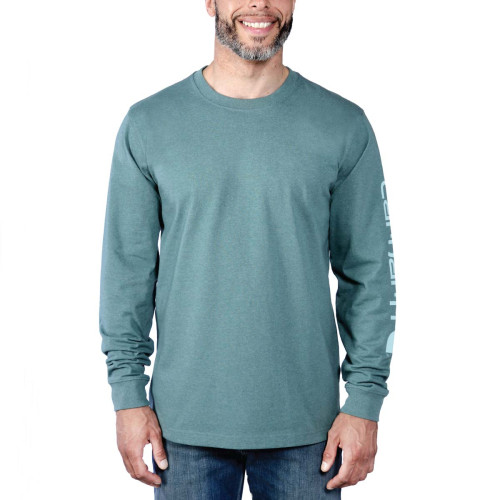 Carhartt long sleeve t-shirt with logo print on the sleeve in sea pine heather colour main image