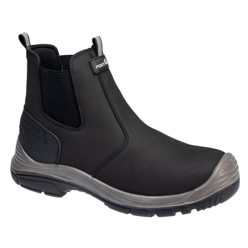 Portwest waterproof safety dealer boots in black and grey