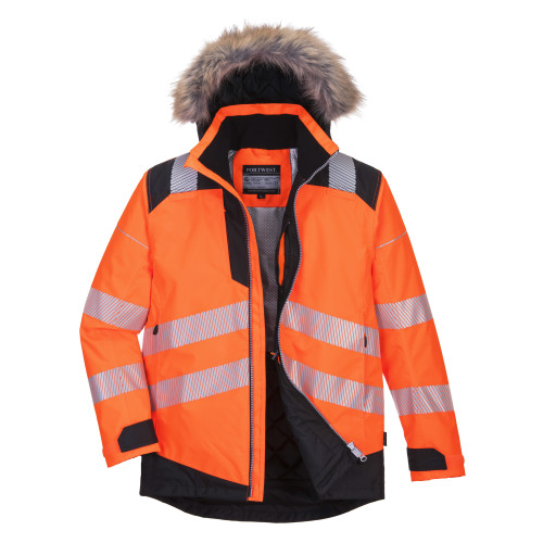 Portwest Premium PW3 Hi-Vis Fur Hood Winter Jacket - Orange / Black - Medium