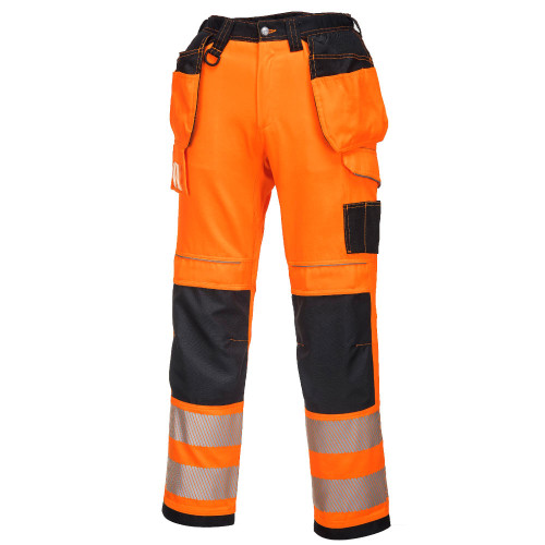 Portwest T501 Hi-Vis Work Trousers in Orange/Black with Holster Pockets.