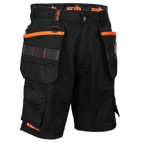 scruffs black work shorts with holster pockets and stretch panels
