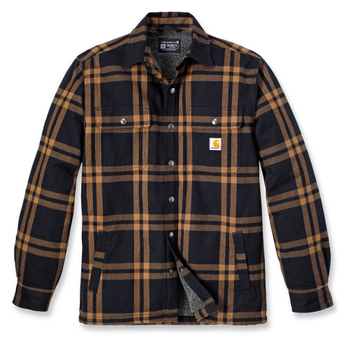 Carhartt 106354 heavyweight warm sherpa lined flannel shirt jacket in black and brown front view