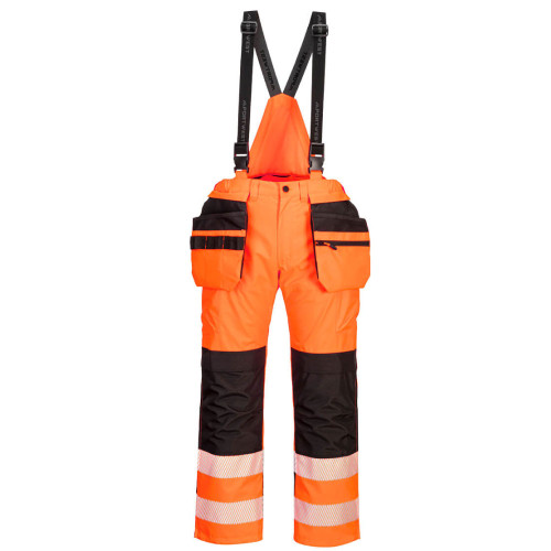 portwest PW3 bib and brace hi visability waterproof trousers in orange and black