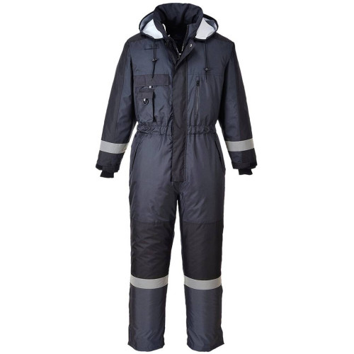 Portwest S585 Winter Waterproof Lined Coverall in Navy with Reflective Tape and Reinforced Knees