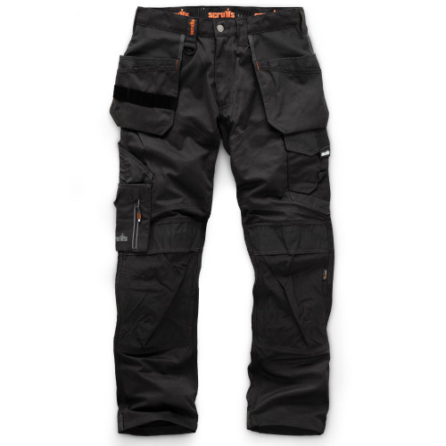 scruffs trade holster trousers in black, stretch panels for ease of movement on the job site
