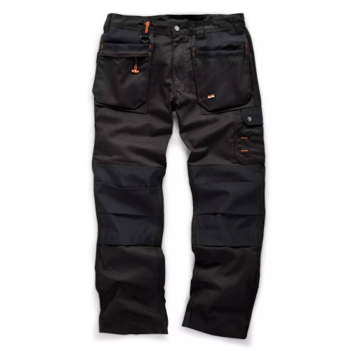 Scruffs Worker Plus Holster Pocket Trousers in black, 32 waist and 32 leg, featuring Abratect⢠technology, reinforced areas, and multiple pockets