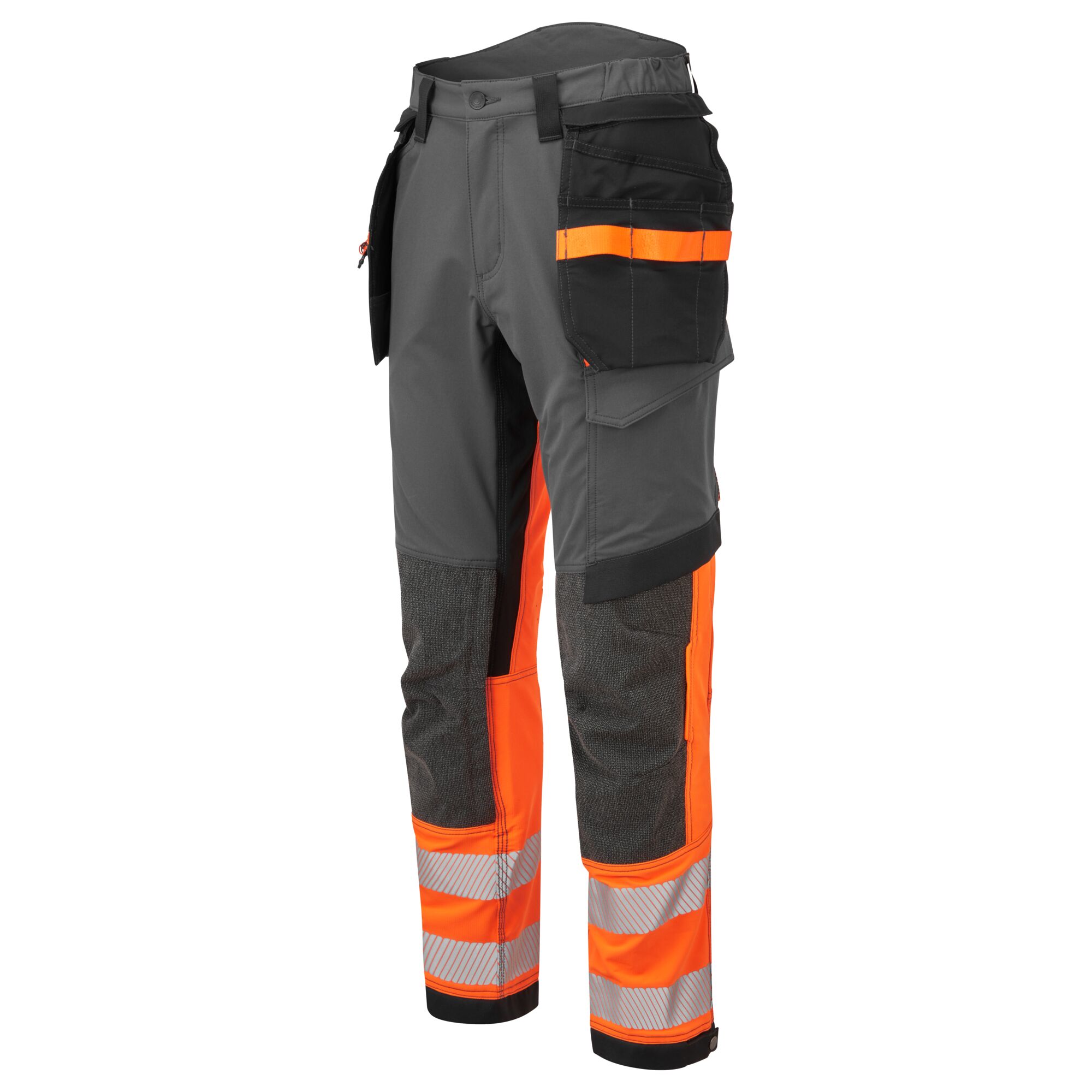 Toolmonkey Portwest EV442 EV4 Hi Vis Stretch Detachable Holster Trousers in Orange Metal Grey Ultimate Safety and Flexibility